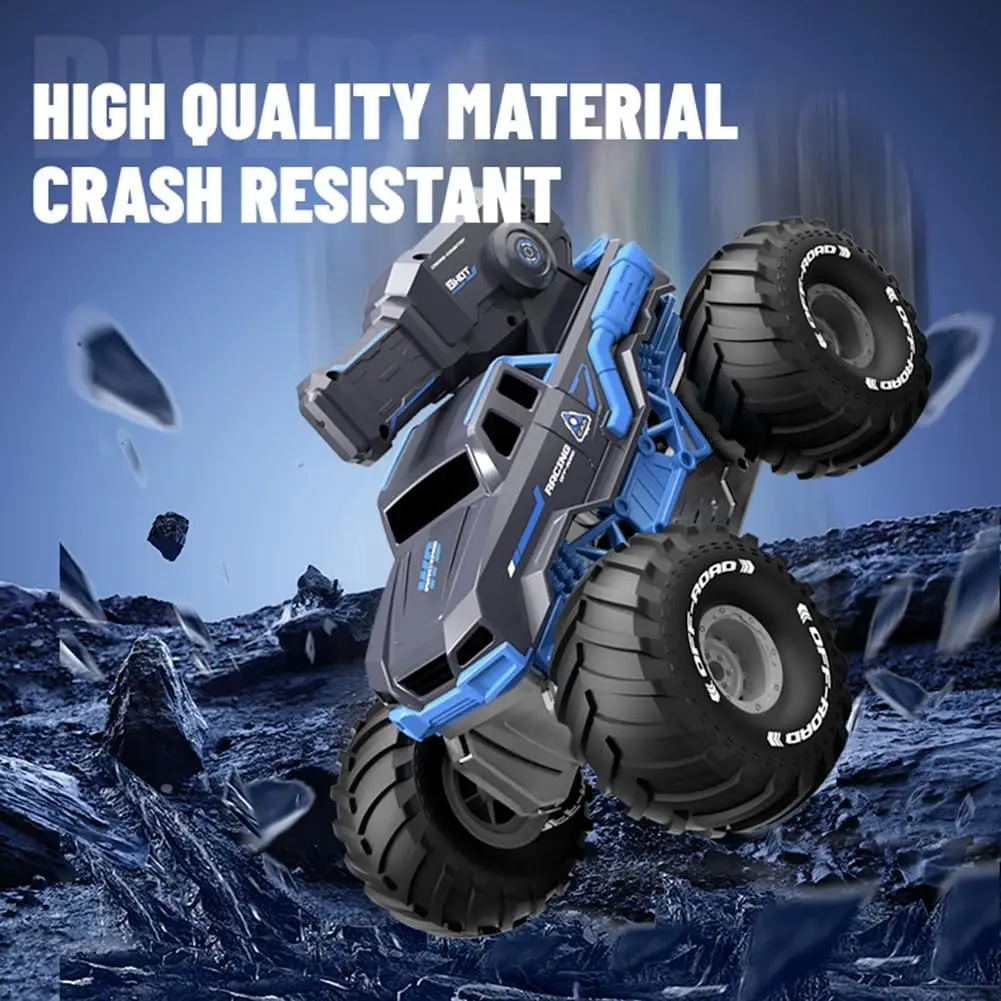 قارب سيارة برمائي يعمل بالتحكم عن بعد، سيارة حيلة RC، سيارات التحكم عن بعد للتصوير المائي لحمام السباحة والبحيرات، دفع رباعي، 2 بطاريات