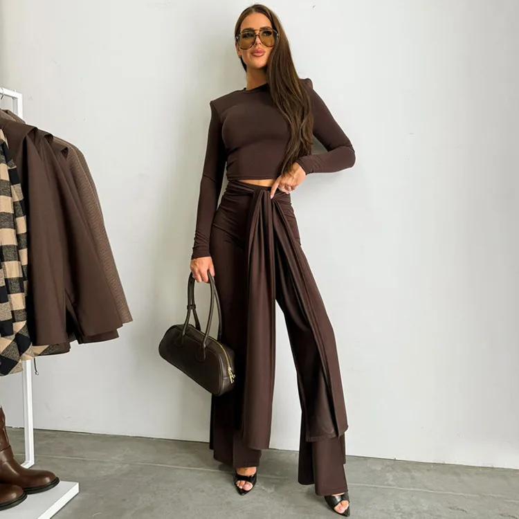 Blifanbo Pantaloni lunghi causali autunnali Set da due pezzi Top slim a maniche lunghe da donna e pantaloni lunghi con lacci alla moda Set moda elegante