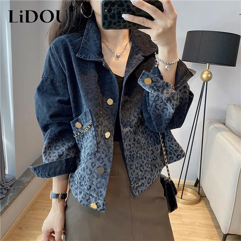 Autumn Winter Streetwear Vintage Leopard Print Denim Coat Ladies Harajuku Y2K Casual Fashion All-match Jacket Women Outwear Top