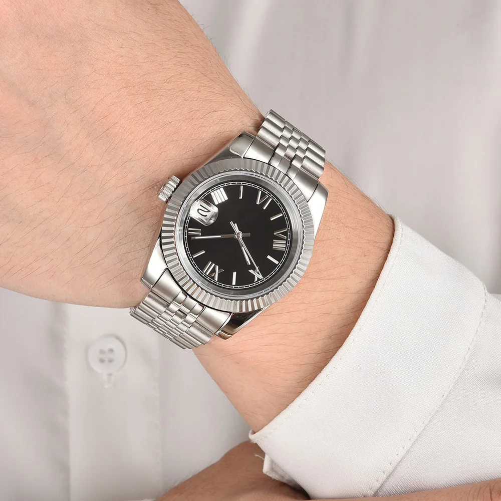 นาฬิกาสเตนเลสเคสกระจกแซฟไฟร์สเตนเลสนาฬิกากลไกอัตโนมัติมี NH35นาฬิกาข้อมือสำหรับผู้ชายขนาด41มม. นาฬิกากันน้ำปรับแต่งได้ NH35