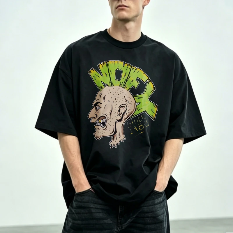 Men Black Mohawk Punk Rock T-shirt Neon Green Print Loose Fit Streetwear Tee For Music Festival Concert Daily Wear