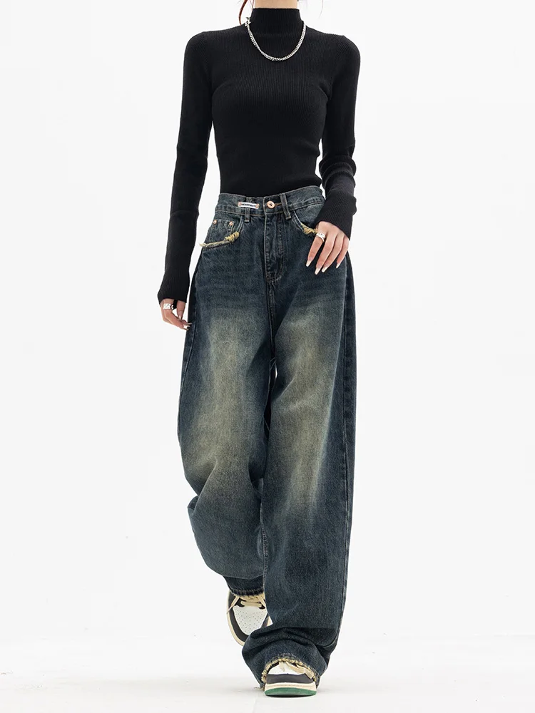 Y2K Women Vintage Streetwear Korean Baggy Blue Jeans High Waist Straight Wide Leg Pants Denim Trousers Fairy Grunge Alt Clothes