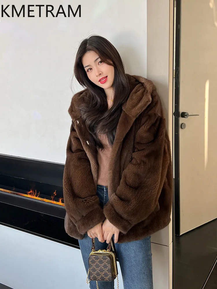 KMETRAM-Chaqueta de piel de visón natural para mujer, 100% de terciopelo morado, bonito abrigo corto de piel de visón auténtica con capucha, ropa de invierno para mujer, 2025