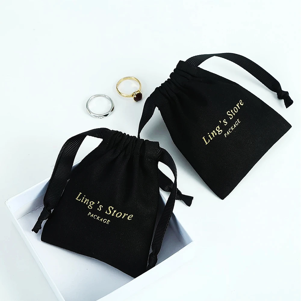 Cotton Drawstring Pouch Bags with Ribbon, Custom Personalized Logo, Jewelry Packaging, 10A Thick Canvas, 50 Black