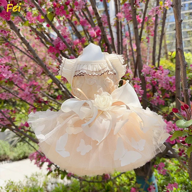 

Spring Summer Puppy Dog Cats Outfits Fashion Champagne Lace Flower Butterfly Princess Dresses For Small Medium Dog Pet Clothes