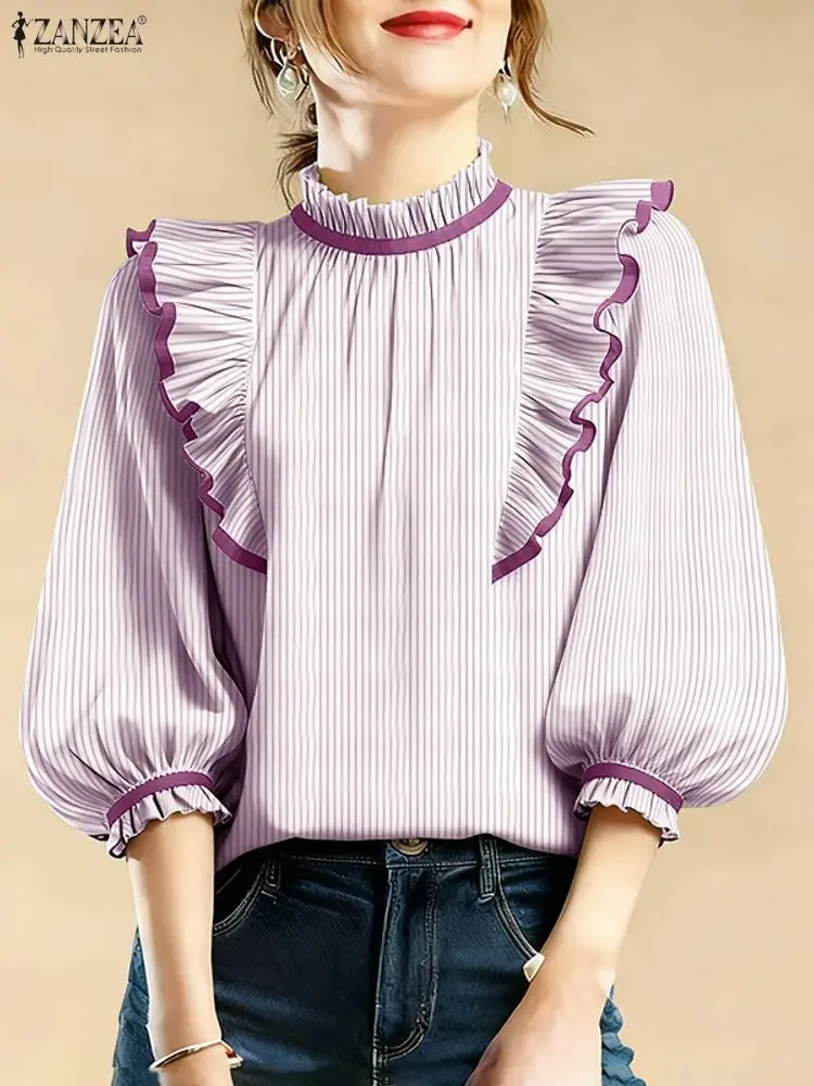 ZANZEA 2026 Autumn Summer Striped Shirt Office Ruffled Blouses Women Elegant 3/4 Lantern Sleeve Work Blouse Ladies Tunic Tops