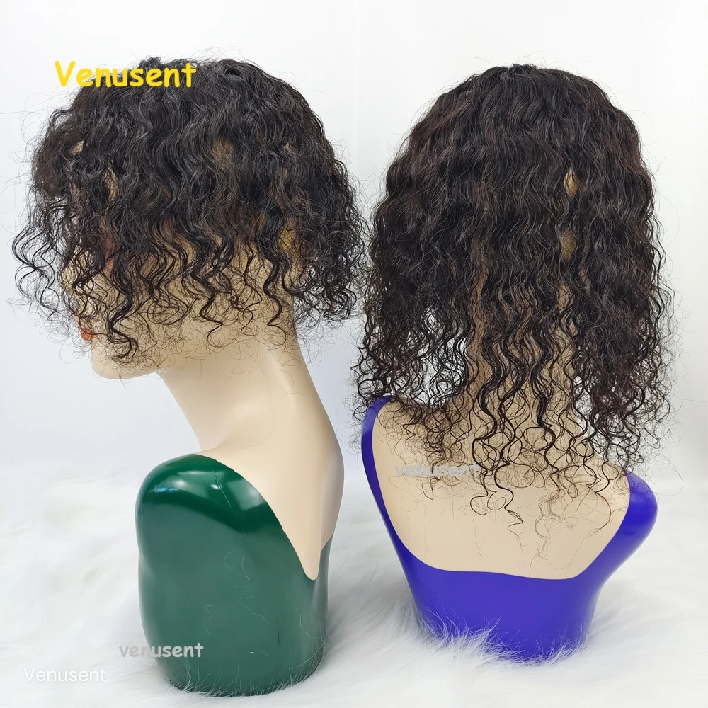 15x16CM Base de piel de seda Topper de cabello humano virgen peruano Remy cuero cabelludo Clips superiores en tupé con flequillo de cabello rizado postizos