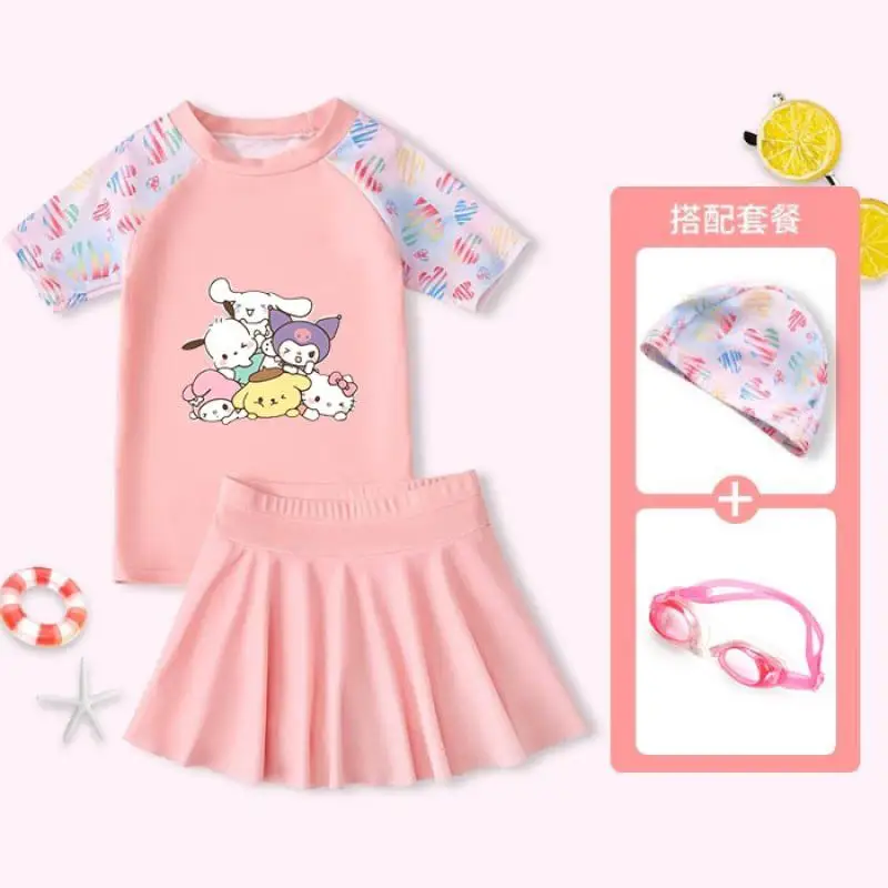 Hello Kitty Maiô para Meninas, Kawaii Swimwear, Kuromi Cinnamoroll, Protetor Solar Seco Rápido, Bikini Praia, Saia Roupa Interior, Verão, 2Pcs