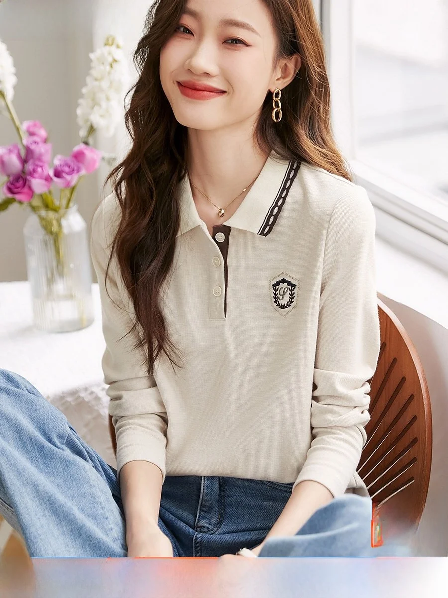 

Meha Mei College Sle Embroidered T-irt Spring Casual Comfortable Faionable Long Sve Turn-down Collar Soft T-irt