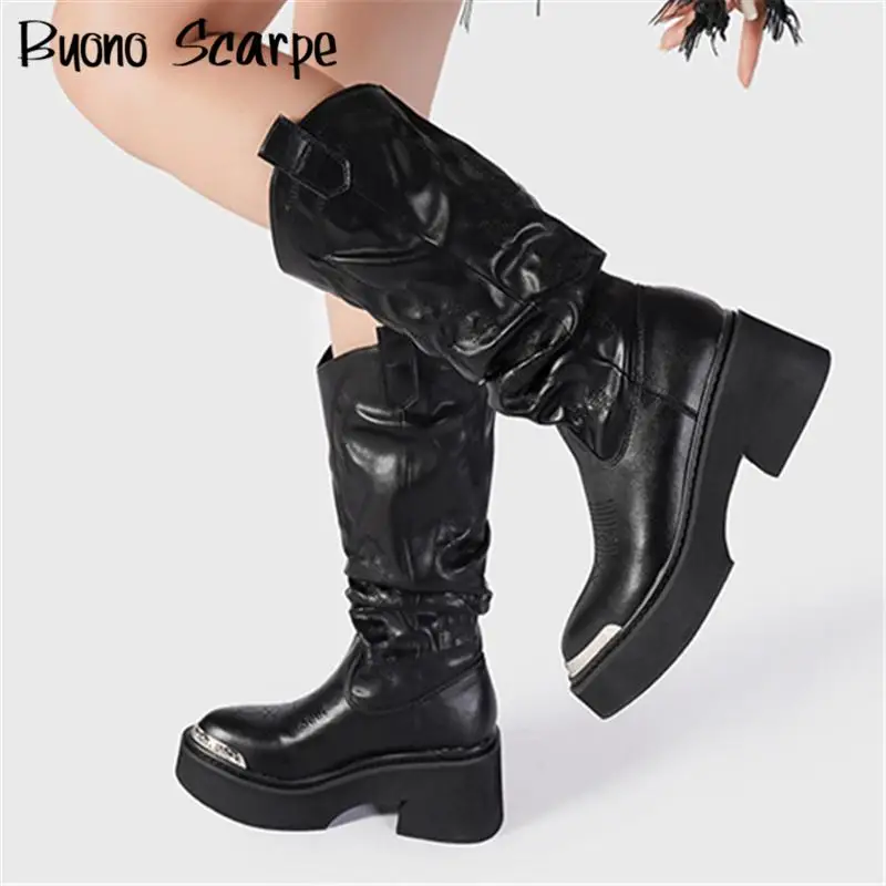 Botas de caballero con plataforma de fondo grueso para mujer, zapatos de media pantorrilla con decoración de Metal, botas de moto informales que combinan con todo