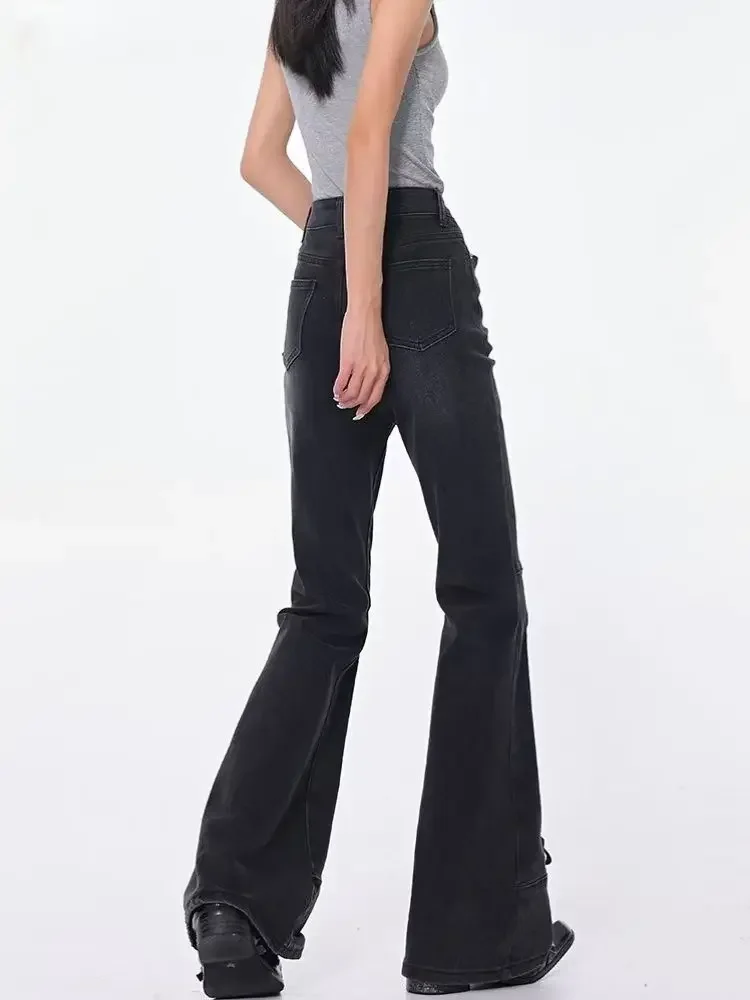 High Street Lace Up Gothic Schwarz Flare Jeans Frauen Y2k Goth Slim Fit Vintage Denim Hosen Streetwear Y2k Casual Hosen