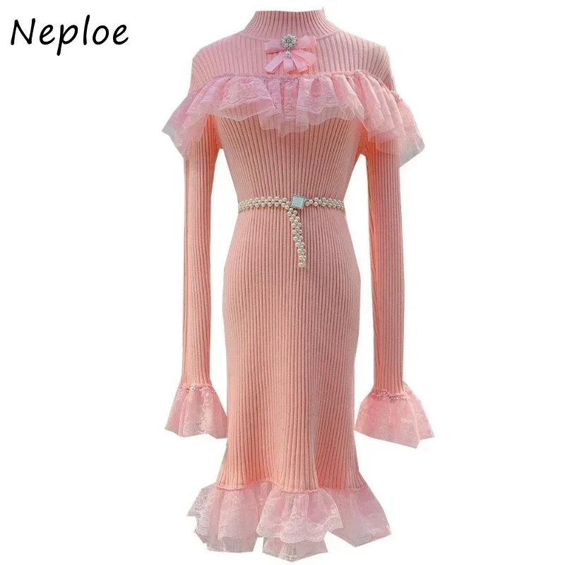 Neploe Stand Neck Lace Patchwork Bowknot Robe Femme Vestidos De Mujer Elegant Solid Color Flare Sleeve Knit Hip Package Dresses