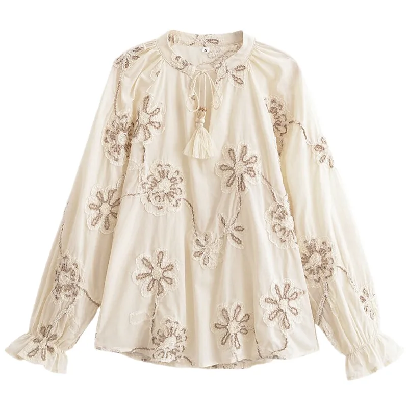 

Женский модный дизайн Ele с вышивкой и веревкой, лето 2023, свободный крой, длинный воротник-стойка, Bell Sve