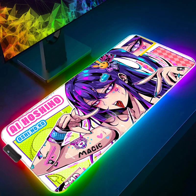 

LED Luminous Mouse Pad PC Kawaii Anime Gamer Cabinet Keyboard Rug RGB Laptop Sexy Girls Hoshino Ai Mousepad XXL Purple Desk Mat