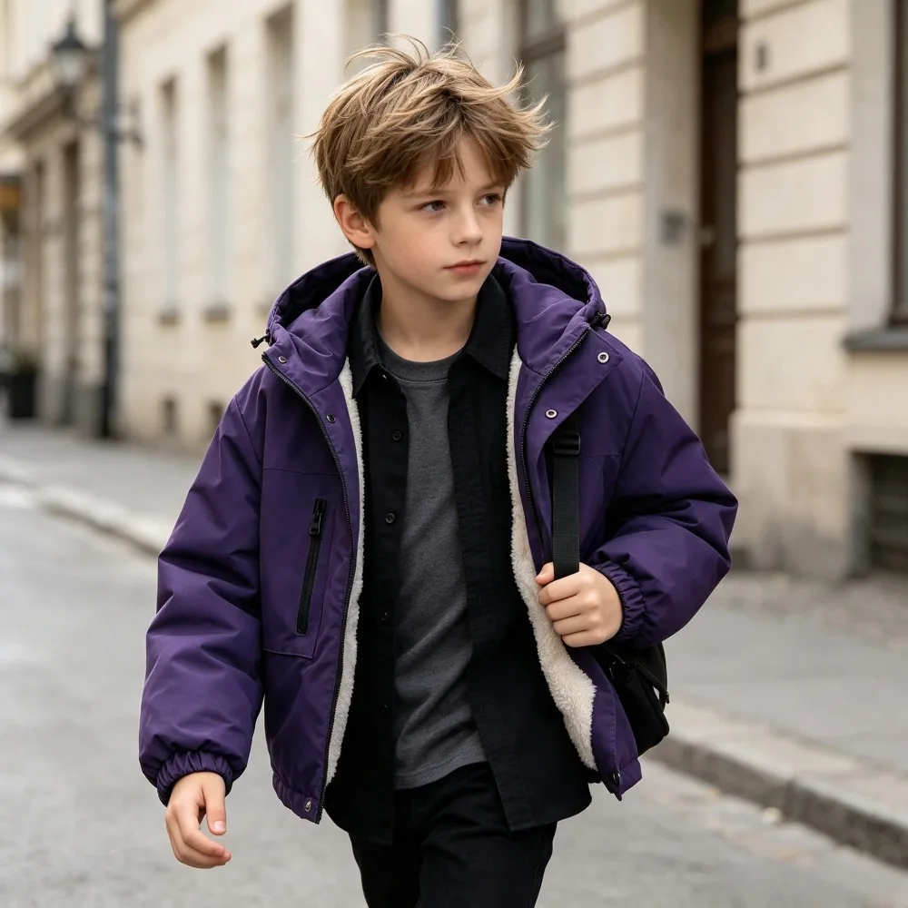 Kids Hooded Fleece Lined Windbreaker Jacket Waterproof Winter Coat Zipper Pockets Boys Girls Warm Casual Sport Outdoor Outerwear