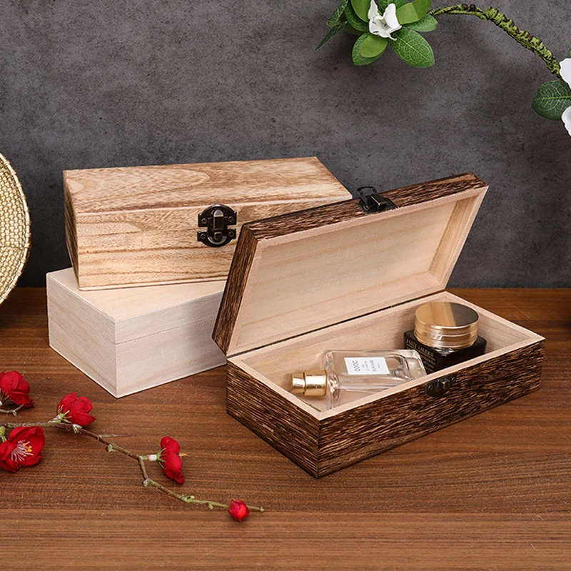 New Rectangular Storage Box Natural Wooden With Lid Vintage Postcard Organizer Handmade Craft Jewelry Case Wooden Box