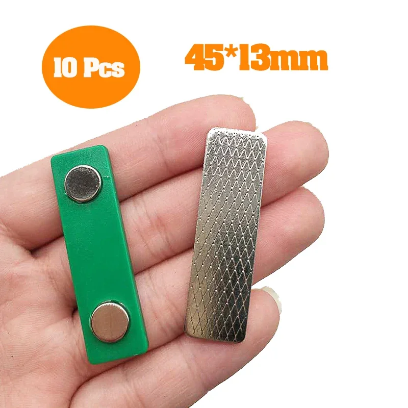 10 Pcs Green Name Badge Magnets Tags With 2 Magnets 45x13mm With Two Strong Magnets,Steel Part With Tape Magnetic Badge