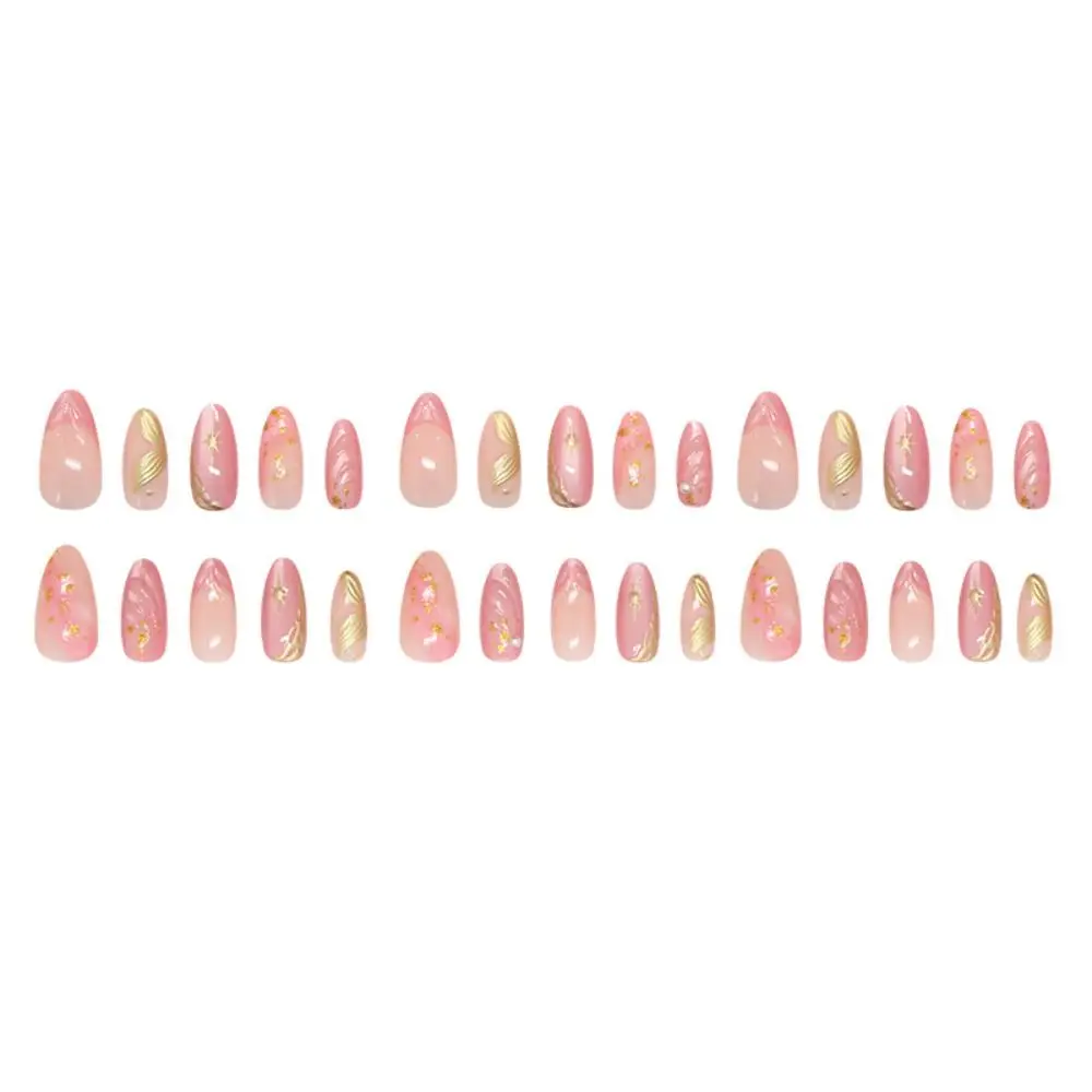 Manicure Long Almond False Nails French Gilding Flower Tomato Fake Nails Aurora Detachable Press on Nails Women
