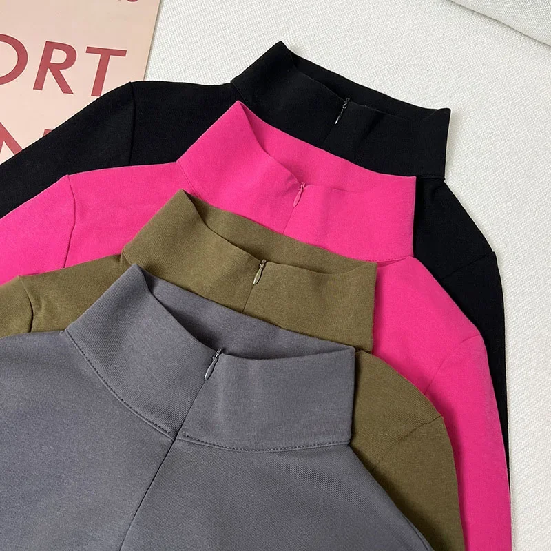 Damska koszulka z długim rękawem na jesień i zimę 2025, modna, asymetryczna, z półotwartym zamkiem błyskawicznym, dopasowana, seksowna, ciepła, krótka bluzka.