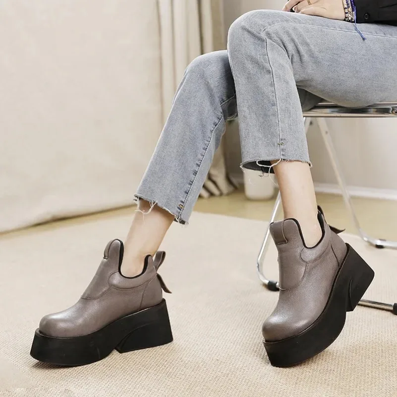 

Krasovki Heels 9.5cm Fashion Autumn Spring Natural Genuine Leather Platform Wedge Pumps Women High Ethnic Shoes Hook Moccasins