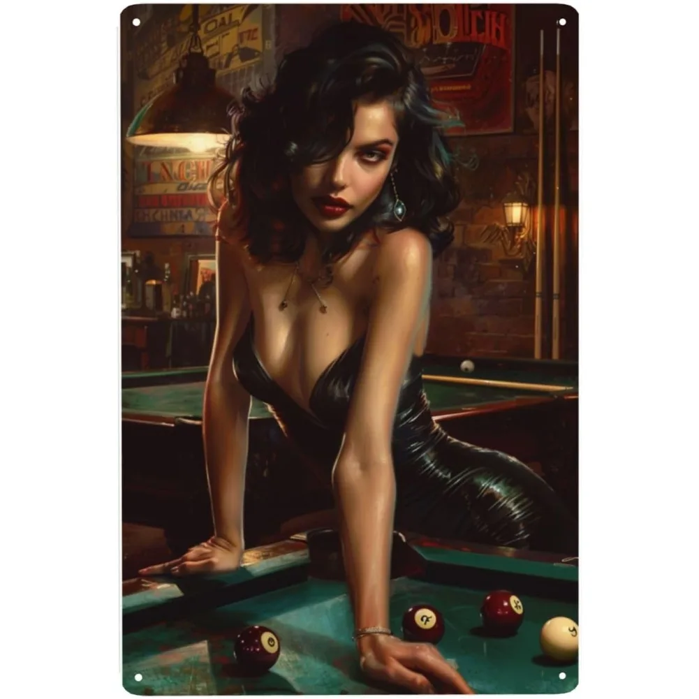 Vintage Billiard Hall Iron Wall Art, Sexy Billiard Girl Decor, Metal Sign for Billiard Room Man Cave Bar, Pre-Drilled