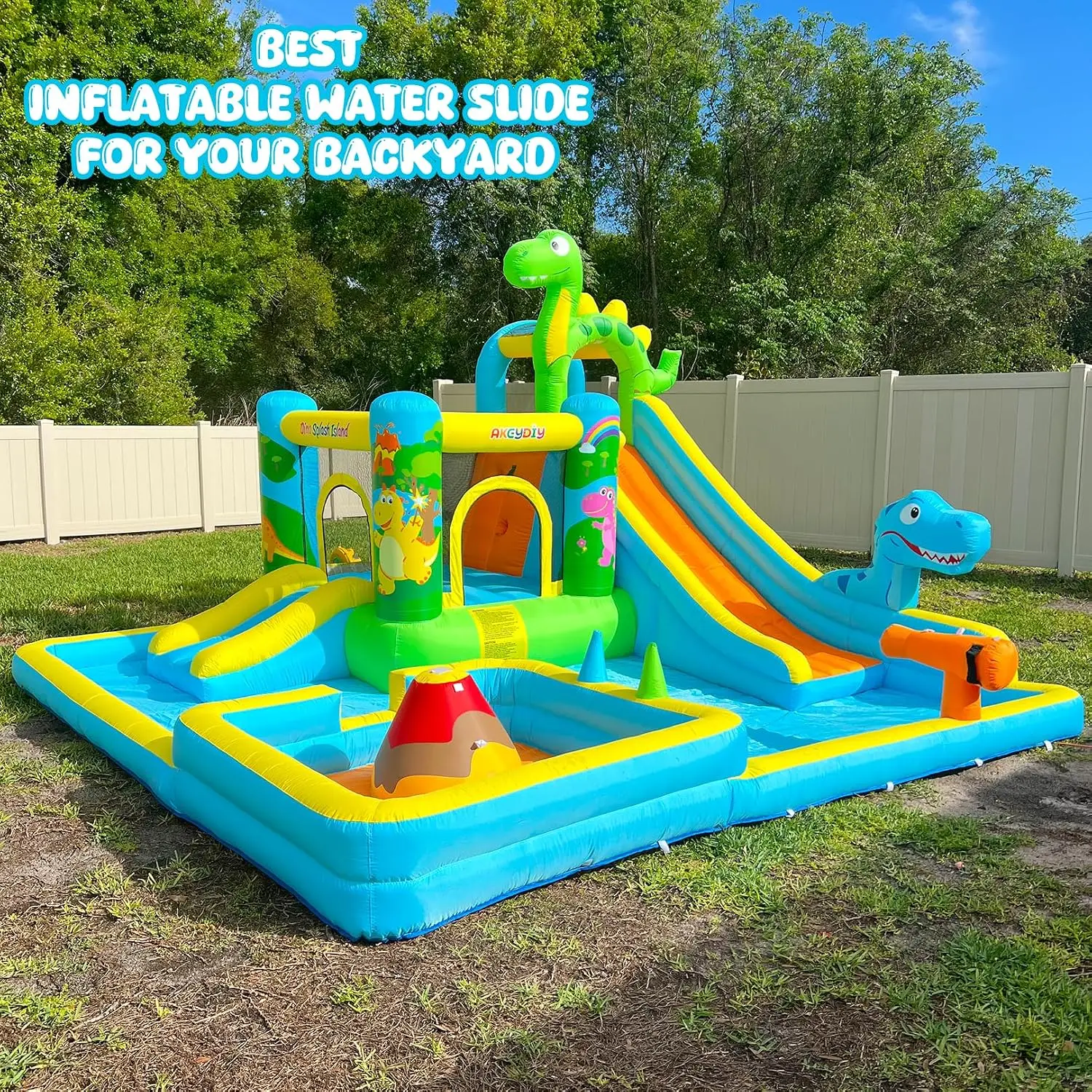 Inflatable Water Slide & 13-in-1 Dinosaur-Themed Bounce House Water Park for Kids 3-12, with Long Slide, Dual Large Splash Pools, Ring Toss Game, Water Cannon, 550W Blower, Outdoor Backyard