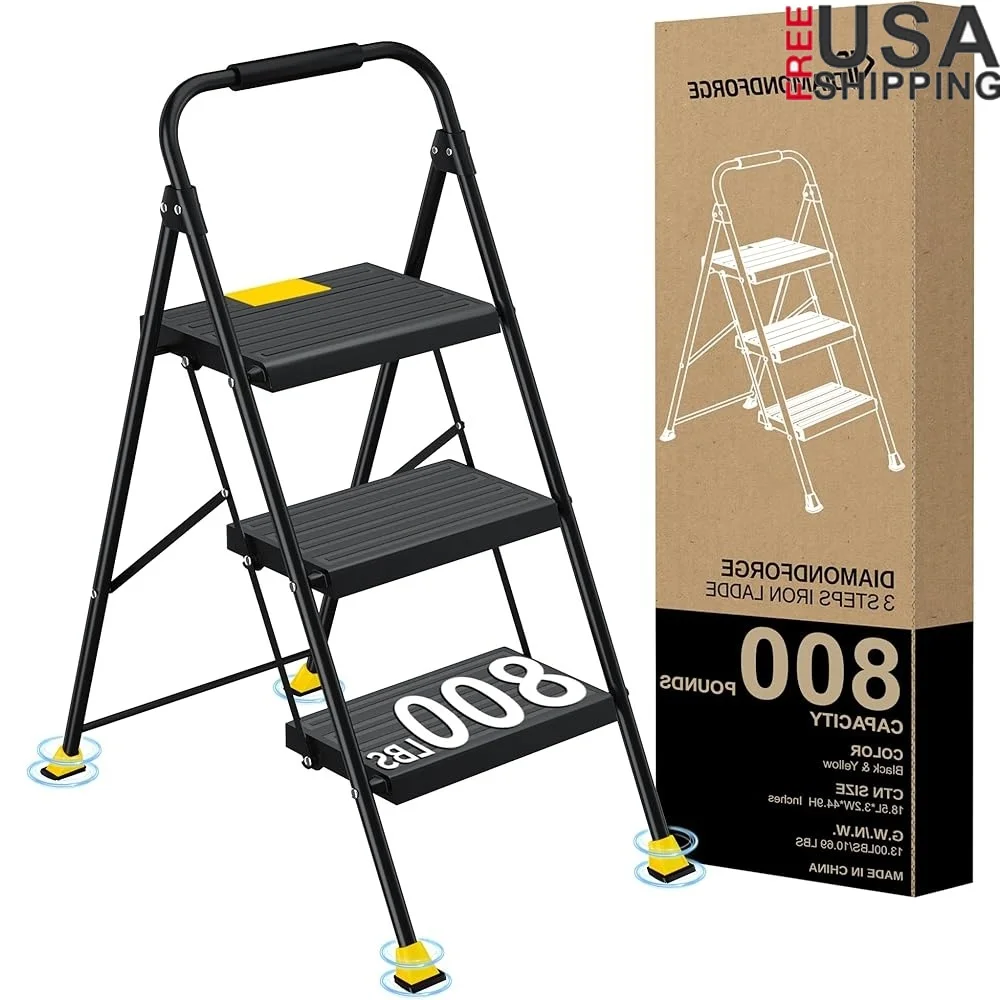 

Heavy Duty Foldable Step Ladder with Handrails Non-Slip Treads Kitchen Stool 3 Step Portable Storage Space Saving Home Use