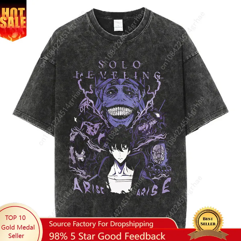 Japanese Anime Solo Leveling Print Vintage Washed Tshirt Harajuku Streetwear Graphic T-Shirt Summer Short Sleeve Cotton Tshirt