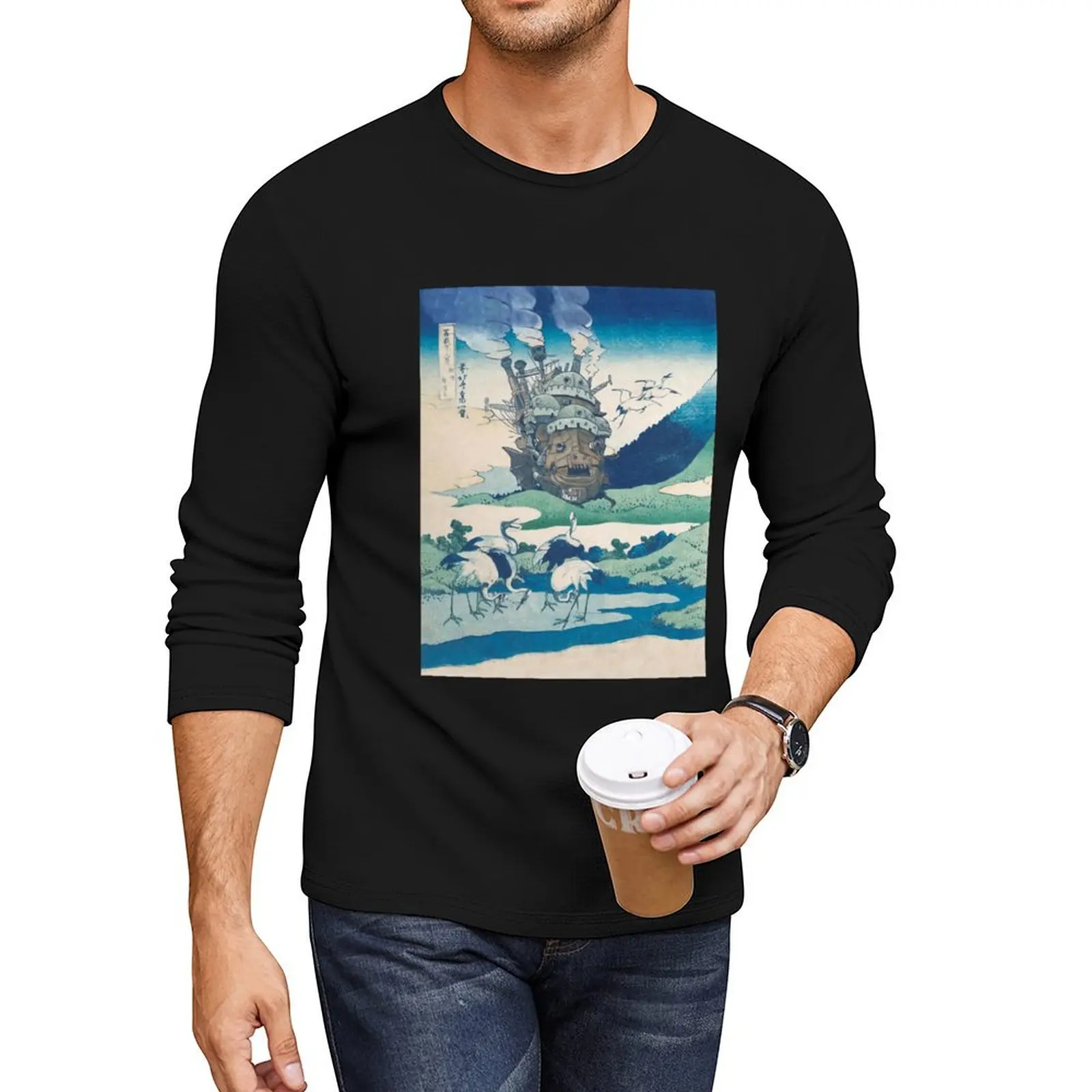 

Howl_s castle and japanese woodblock mashup Long T-Shirt Oversized t-shirt black t-shirts for men