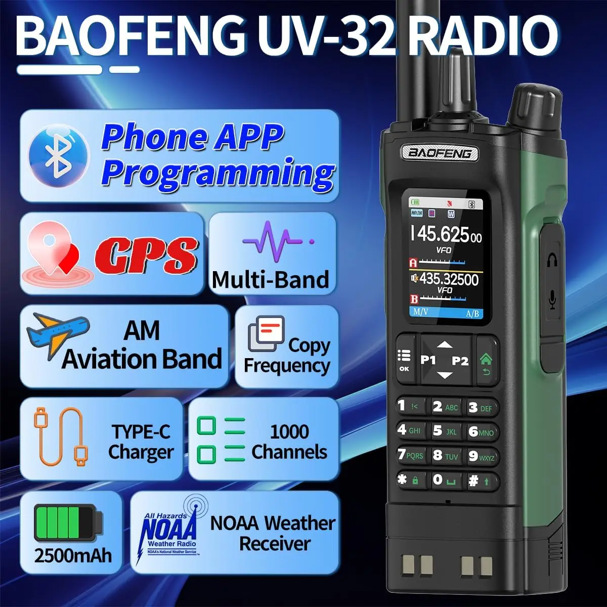 

BAOFENG UV-32 Ham Radio Long Range 10W Rechargeable Walkie Talkies UV32 5RM K5 Handheld Two Way Radio NOAA Weather Radio with GP