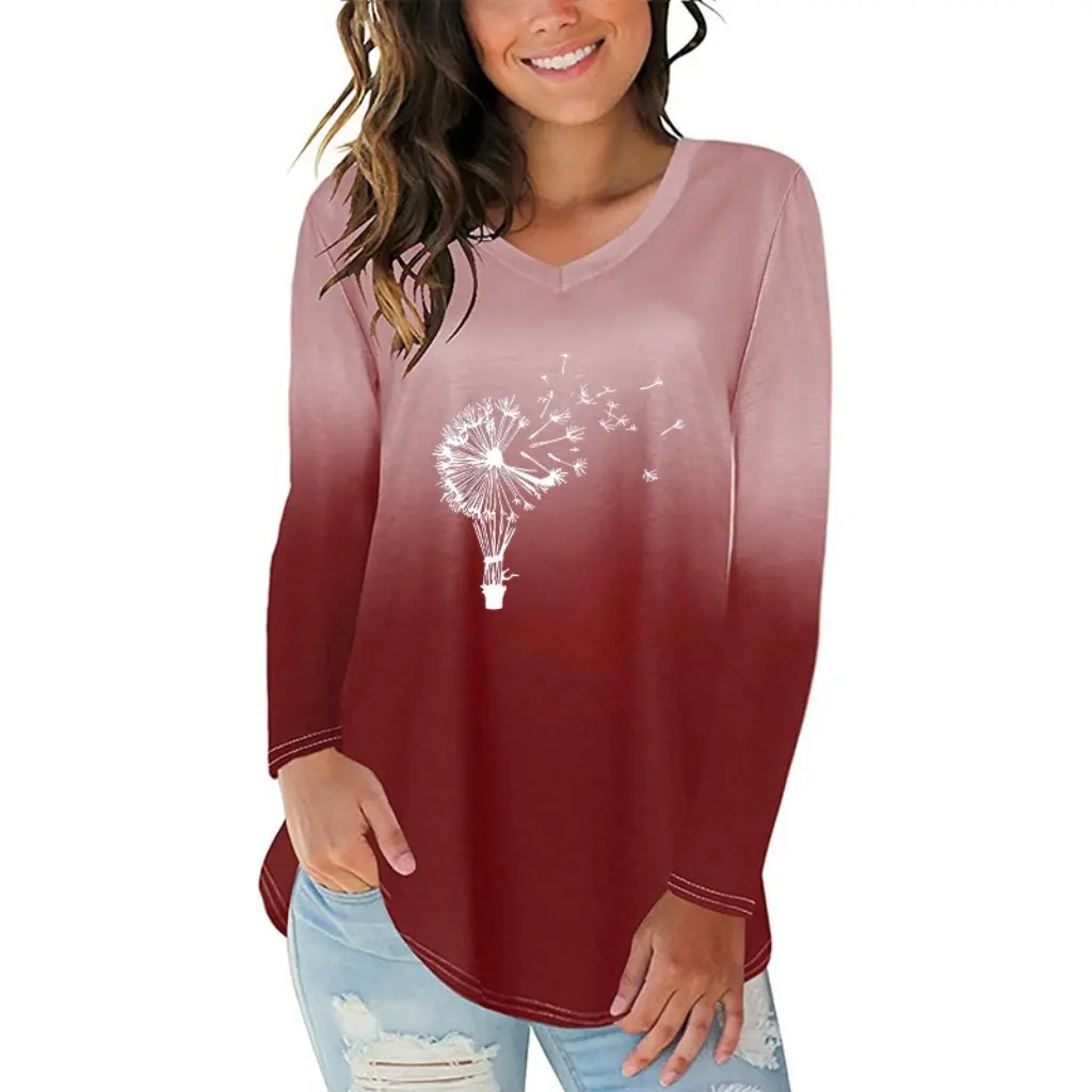 

Women's Gradient Color Dandelion Print T-shirt V-neck Long Sleeve Irregular Hem European And American Style by