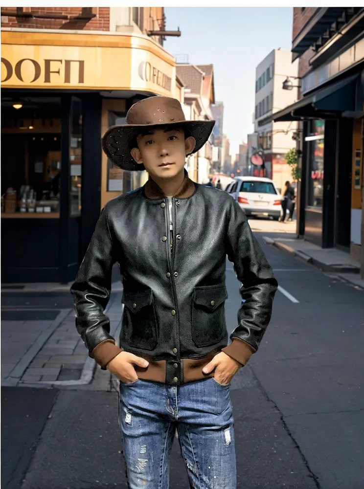 

American Retro Men's Genuine Top Layer Cowhide Leather Flight Jaet A Sle Fitted Casual Coat with Side S kets