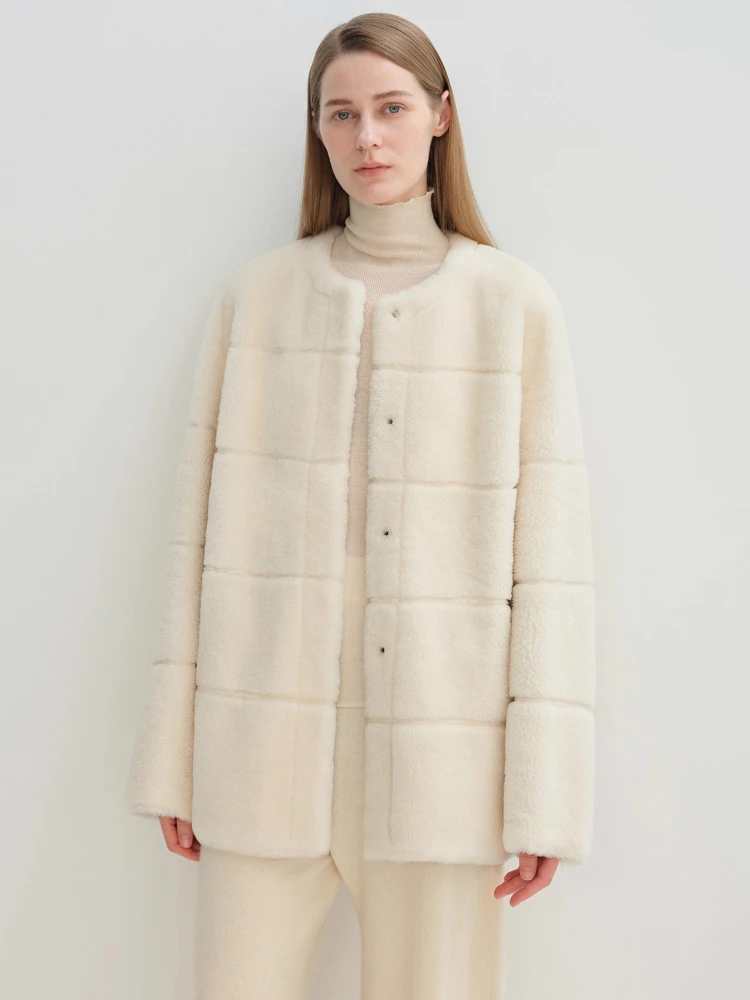 الراقية الفاخرة ميرينو الأغنام الفراء امبسوول الستر للنساء 2025 جديد بسيط س الرقبة فضفاض الشتاء جلد طبيعي معطف الفرو الحقيقي