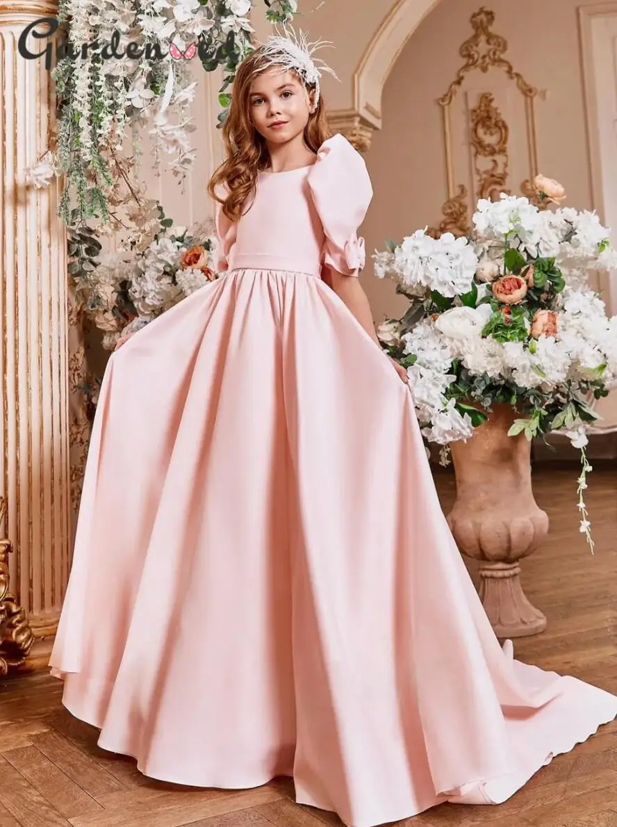 

Pink Princess Girl Dress Satin A-Line Puffy Sleeves Flower Girl Dresses Long Child Dress Girl Party Dress First Communion Gown