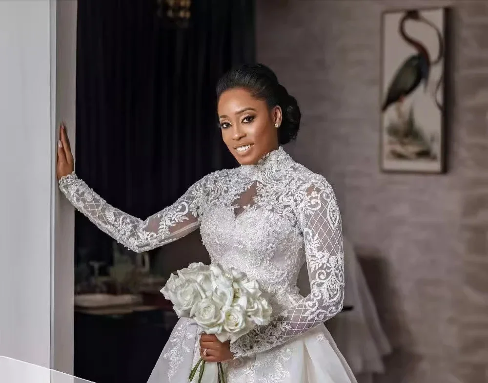 Africa Puffy Full Sleeve A Line Stand Collar Lace Wedding Dress Floral Embroidery Strapless Formal Dress for Women Wedding