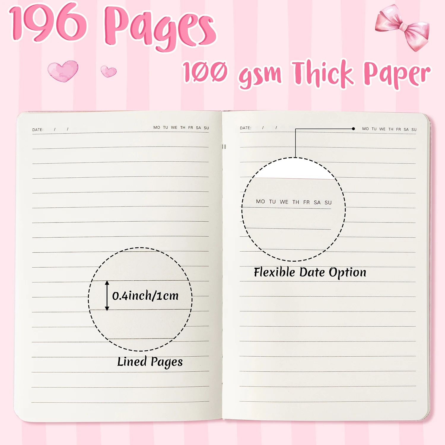 1 STKS Roze Strik Hardcover Gelinieerd Journal Notebook Met planner stickers Coquette Journal Notebook voor Schrijven Reizen Werk Cadeau