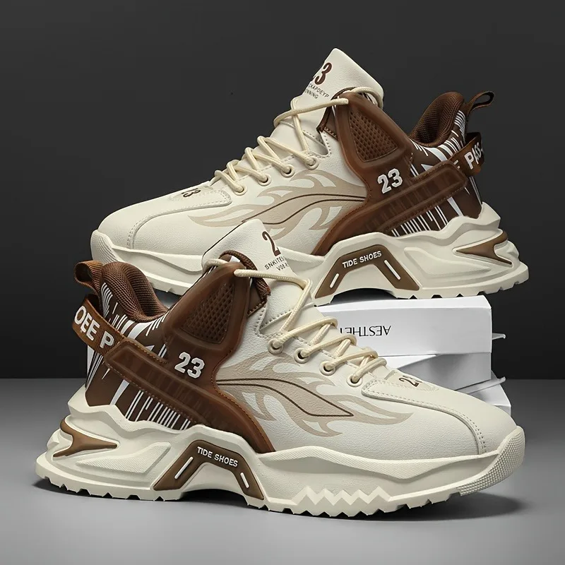 

High Quality Men's Chunky Sneakers 2026 New High Cut Thick Soled Sports Shoes Student Leather Running Basketball Shoes for Men