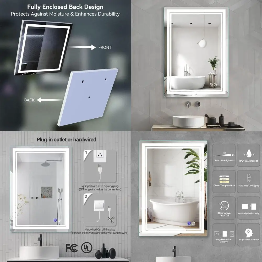 

Dimmable LED-Illuminated 28x20 Inch Bathroom Mirror with Anti-Fog, Smart Control, and Adjustable Light Temperatures