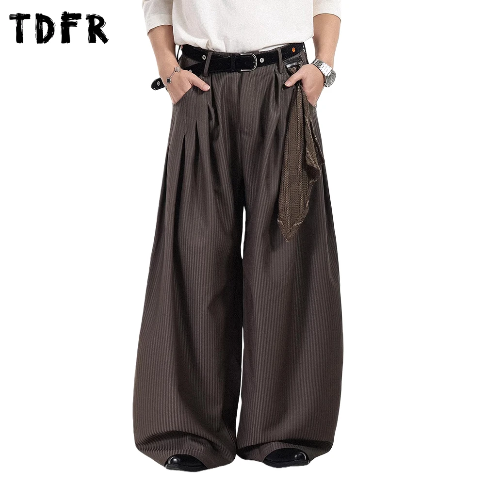 Vertical Stripes Pleated Suit Pants Mens Pocket Retro Casual Baggy Wide Leg Trousers Man Slacks