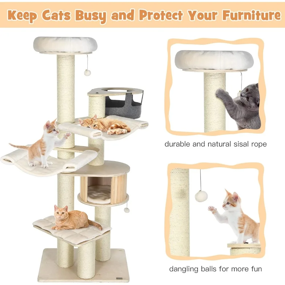 Tall Cat Tree, Multi-Level Modern Cat Tower with Sisal Scratching Posts, Top Perch, Cat Condo, Hammocks, Hanging Basket