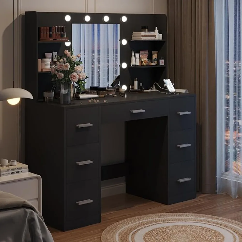 Vanity Desk with Mirror Power Outlet and 10 Lights Makeup Table with 7 Drawers 3 Color Modes Available