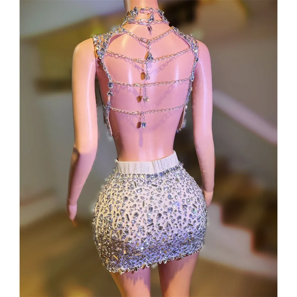 Sexy Backless Shiny Rhinestones Luxurious Birthday Party 2 Piece Set Women Chains Top Mini Skirt Outfit Nightclub Stage Costume