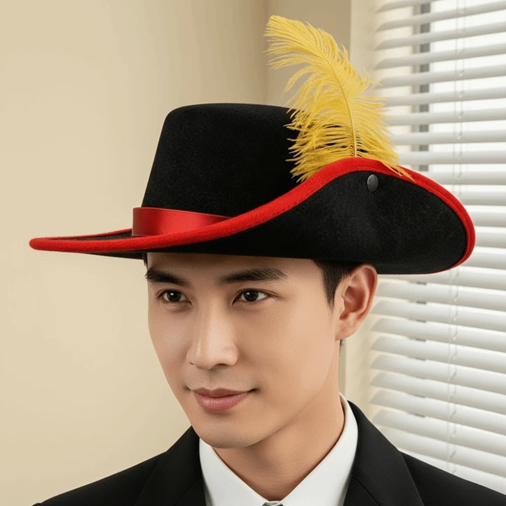Felt Cavalier Top Hat Wide Brim Artificial Feather Feather Stage Cap Retro Style Black Masquerade Headwear Party