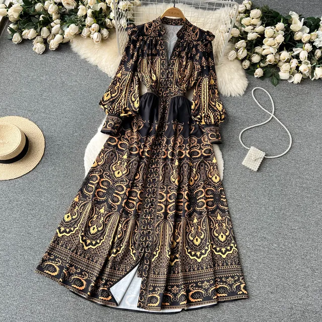 Sukienka damska pałac nadruk Retro wiosna jesień zima z długim rękawem eleganckie sukienki pojedyncze piersi A-Line koszule Vestidos Robe