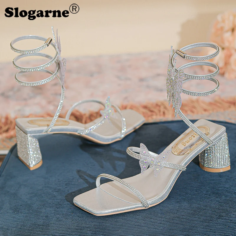 2026 Summer Luxury Women Sandals Crystal Square Head Gold Rhinestone Snake Pattern High Heels Wedding Party Shoes Korea Pumps