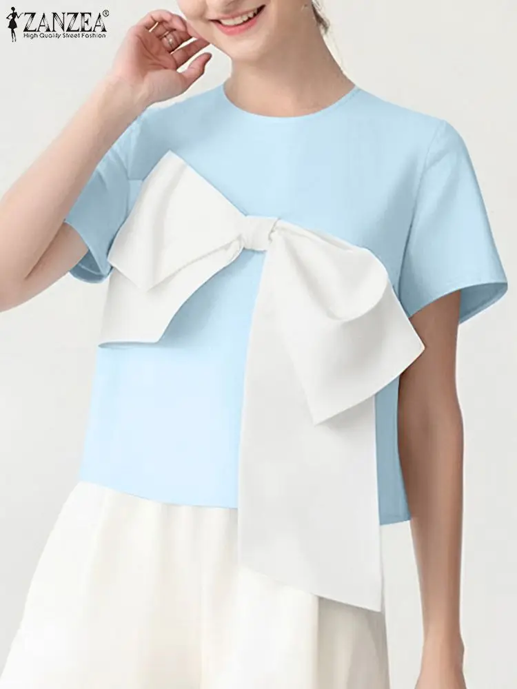 ZANZEA Sweety Bow Tie Patchwork Tunic Korean Women Short Sleeve Blouse 2024 Summer Holiday Solid Blusa Casual Fashion Tops Shirt