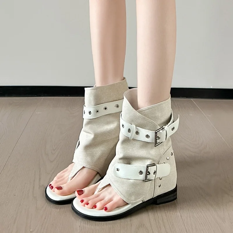 

Summer Newest Flip-flops Sandal Boots Sexy Rivets Studded Chunky Heels Shorts Boots Women Fashion Square Toe Trousers Boots