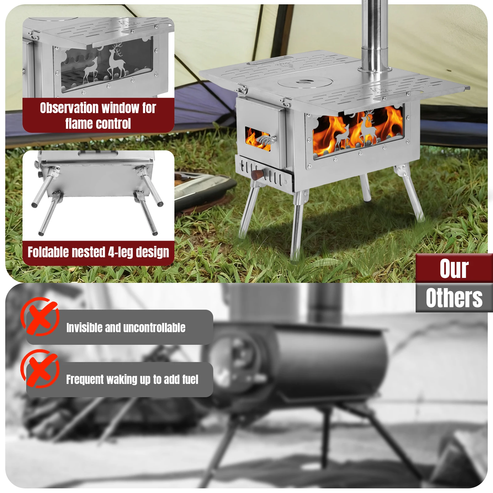 Kompor Kayu Bakar Portabel Kompor Kayu Stainless Steel dengan Pipa Cerobong Pembakar Pelet untuk Memasak di Luar Ruangan Mendaki