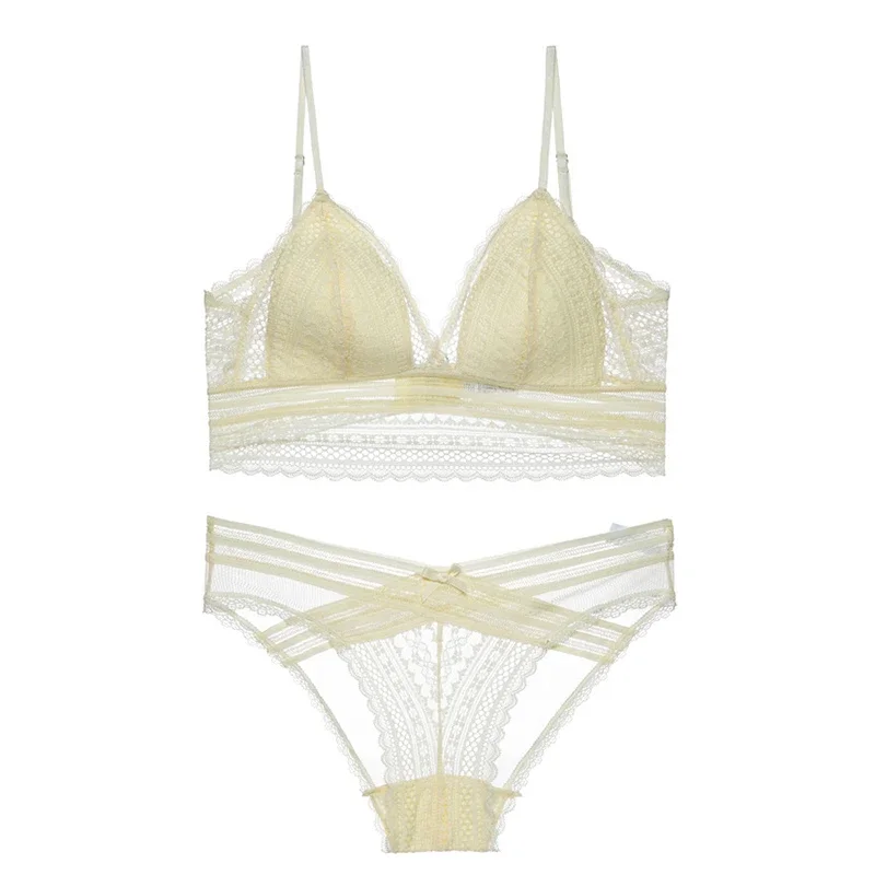 섹시한 프랑스어 레이스 U 큰 등받이 브래지어와 팬티 세트 속옷 무선 삼각형 얇은 컵 란제리 여성 2020 새로운 Bralette
