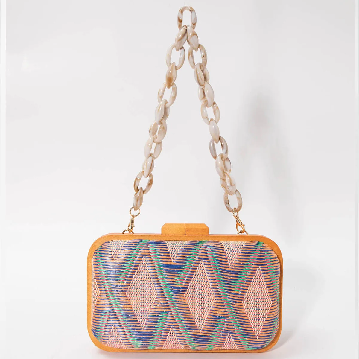 Fashion Wooden Clip Clutch Bag for Women Acrylic Chains Lady Shoulder Bags Geometric Patterns Handbags Summer Beach Party Purses view 3